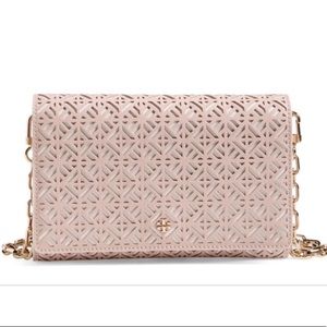Tory Burch Fret T Crossbody in Blush/Nude